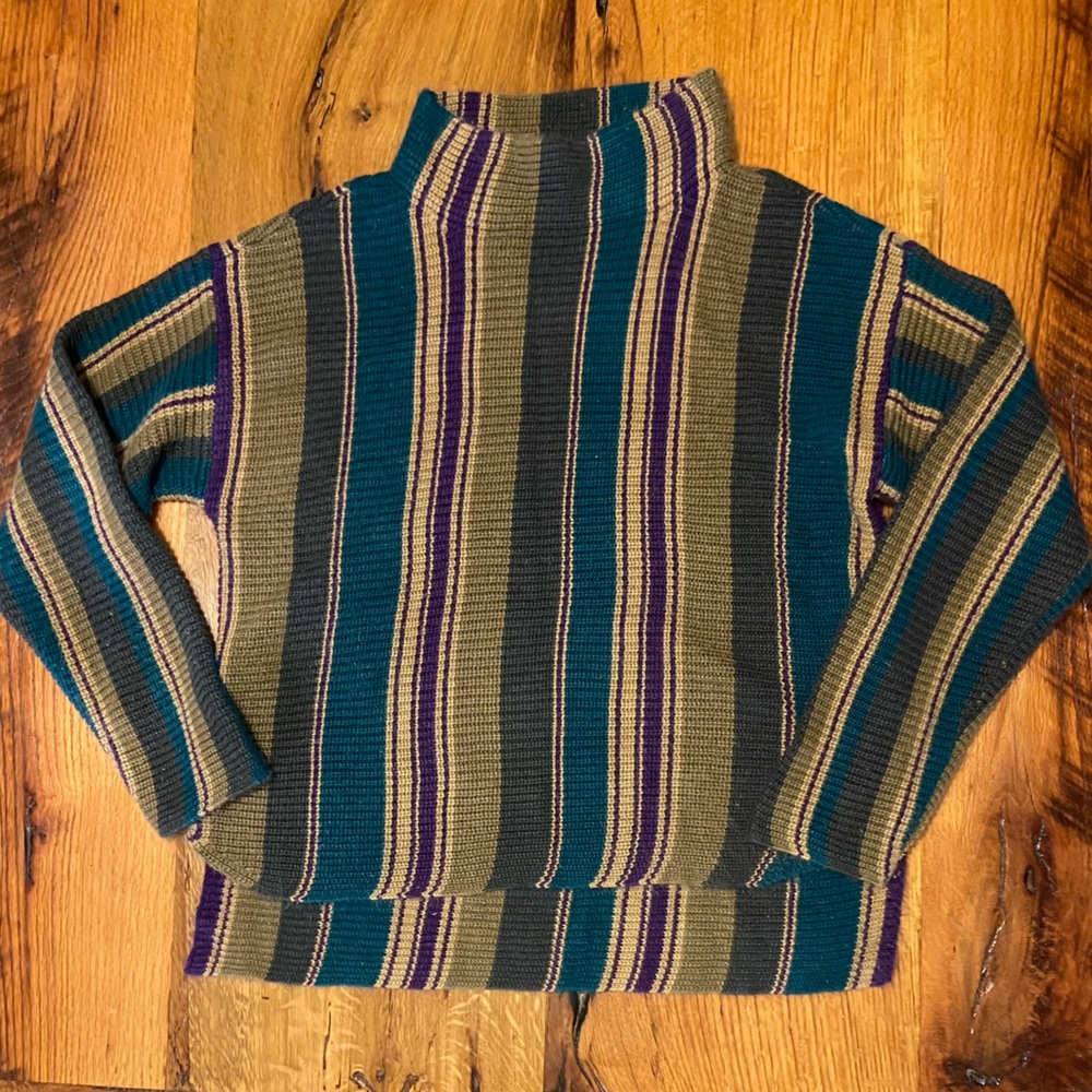Westbound Mock Neck Striped Sweater in Beautiful Autumnal Colors, Size XL